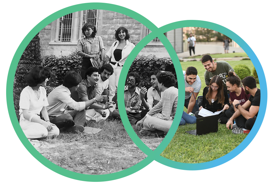 Two photos side by side showing a group of students from the 1970s and a contemporary group of students sitting on the lawn and chatting.
